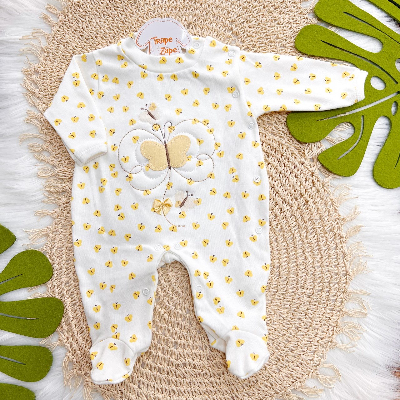 Macacão Malha Trape Zape - Borboleta e Borboletinhas - Off White e Amarelo